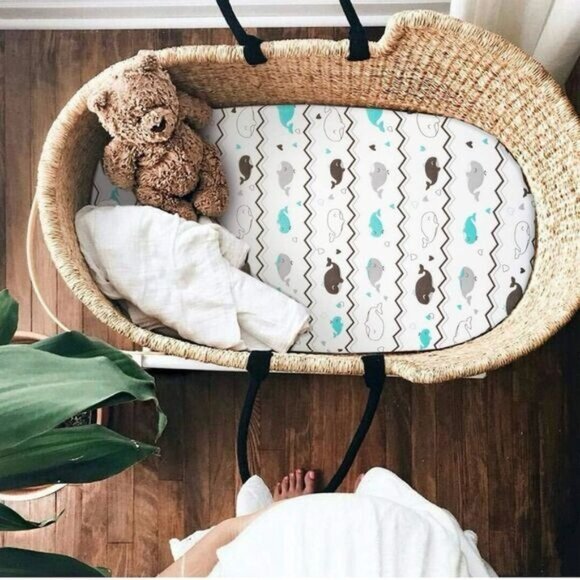 NWT 2-Pack Stretchy Bassinet Sheet Set Owl & Whale Design Unisex Nursery Gray - Picture 1 of 6